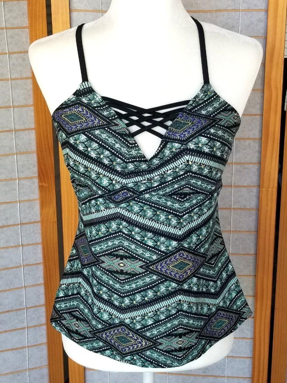 Ambrielle Tankini Top Black Metallic Gold Green Art Deco Print Size Large